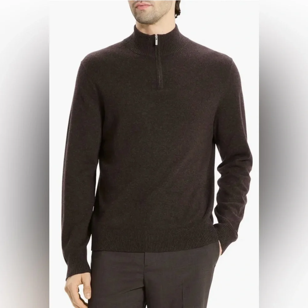 Theory Hilles Quarter Zip Cashmere Sweater in Brownwood Melange Size XL